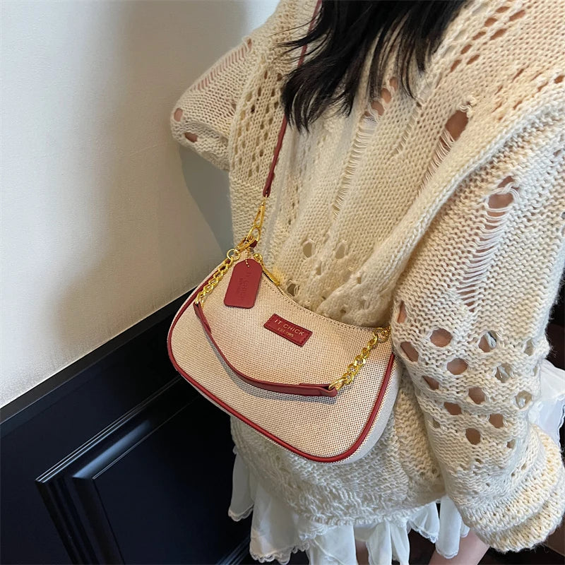 Chic Textured Canvas & Leatherette Shoulder Bag with Gold Chain Strap
