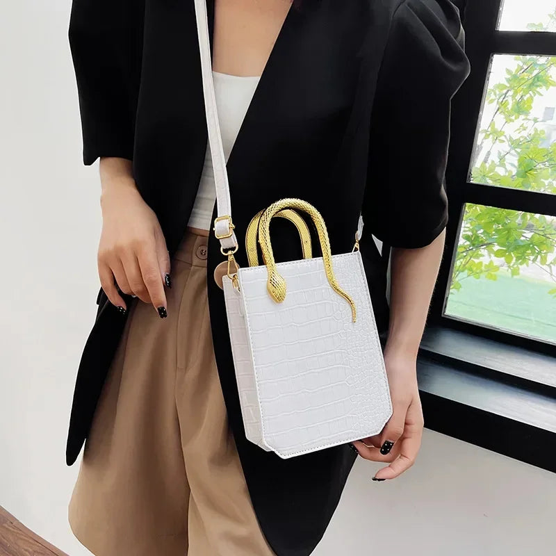 Aura Bags Luxury Crocodile Pattern Square Crossbody Bag with Gold Snake Handle