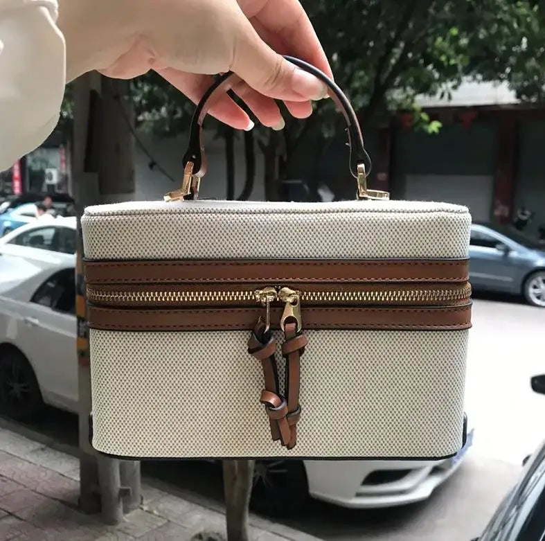 Minimalist Cream Canvas Box Bag with Leather Accents