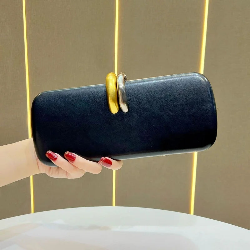 Aura Bags Elegant Rectangular Hard-Shell Clutch & Evening Bag with Gold-Silver Dual Ring Clasp