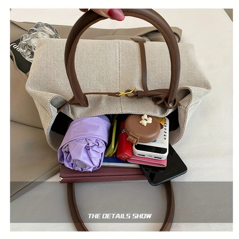 Aura Bags Casual Canvas Tote Bag with Contrast PU Leather Handles and Belt Accent