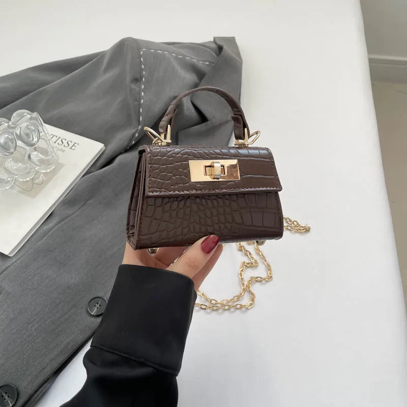 Premium Mini Crocodile Pattern Crossbody Bag for Women – Trendy Micro Handbag with Chain Strap & Gold Lock Accent