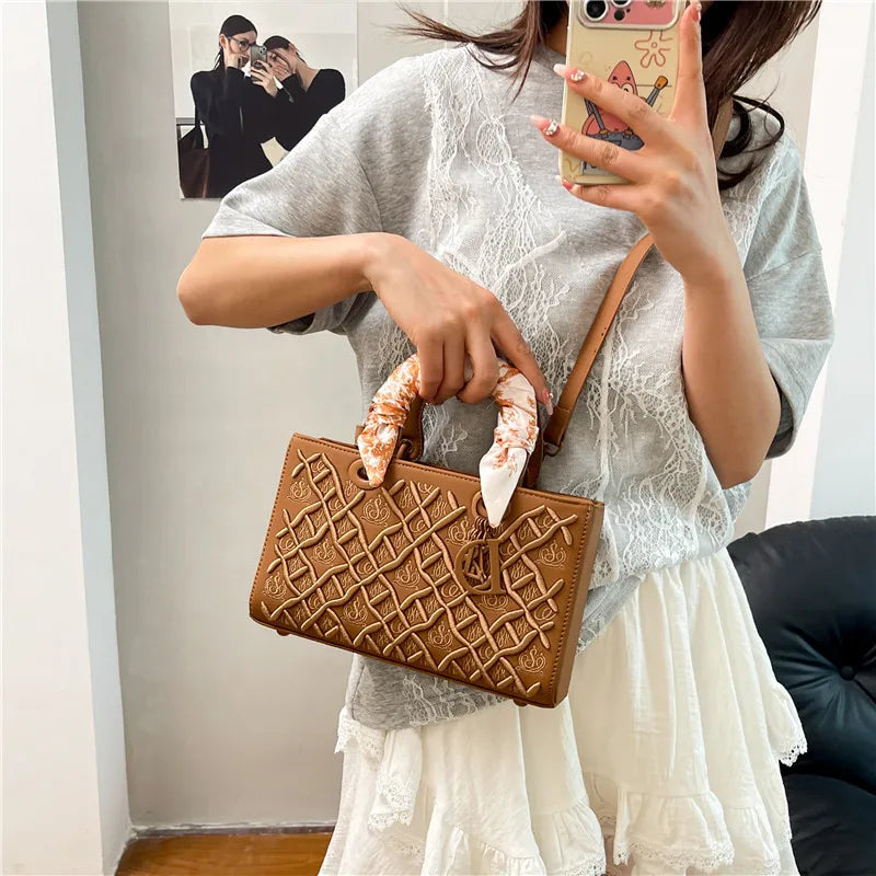 Brown Structured Crossbody Bag with Woven Pattern and Scarf