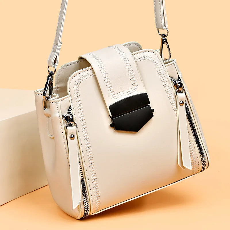 Modern Brown Leather Top-Handle Handbag | Stylish Multi-Zipper Crossbody Bag for Women