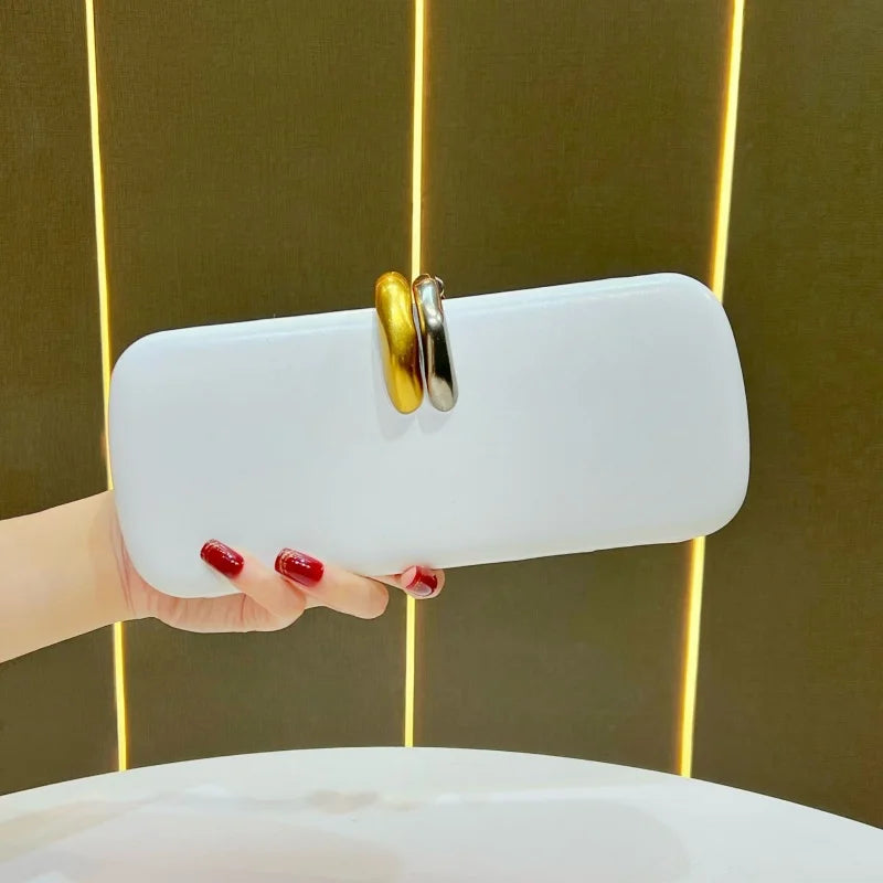 Aura Bags Elegant Rectangular Hard-Shell Clutch & Evening Bag with Gold-Silver Dual Ring Clasp