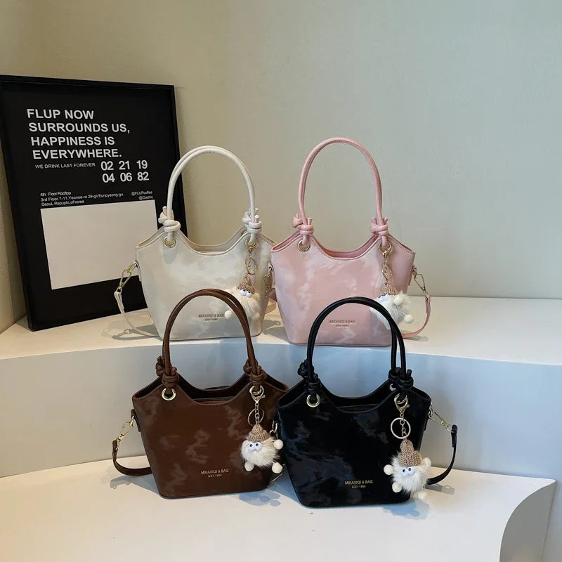 Chic White PU Leather Shoulder Bag with Cute Fur Charm & Top Handles