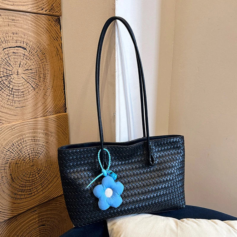 Elegant Woven Leather Tote Bag with Cute Flower Pendant and Long Shoulder Straps