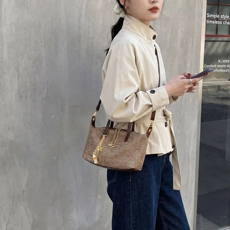 Woven Straw Tote Bag with Brown PU Leather Trim & Gold Chain Charms