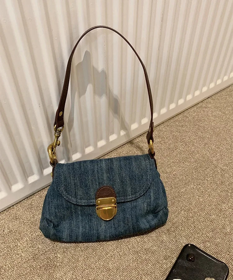 Trendy Blue Denim Flap Bag with Brass Lock Closure and Brown Strap