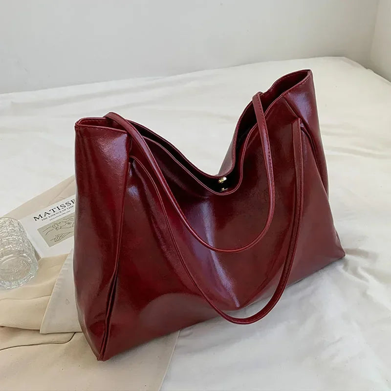 Modern Glossy PU Leather Tote Bag | Large Capacity Soft Shoulder Shopping Bag for Women