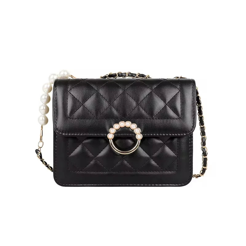 Elegant Quilted Leather Shoulder Bag with Pearl Accent & Chain Strap - Chic Party Crossbody Handbag
