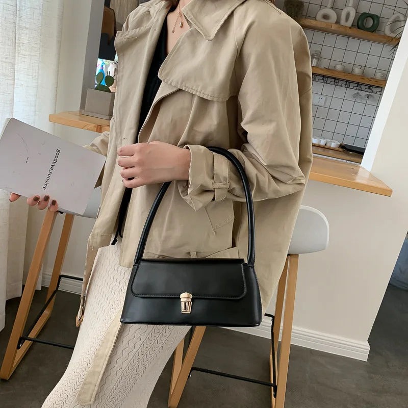Minimalist Smooth Leather Shoulder Bag – Vintage Rectangle Baguette Bag for