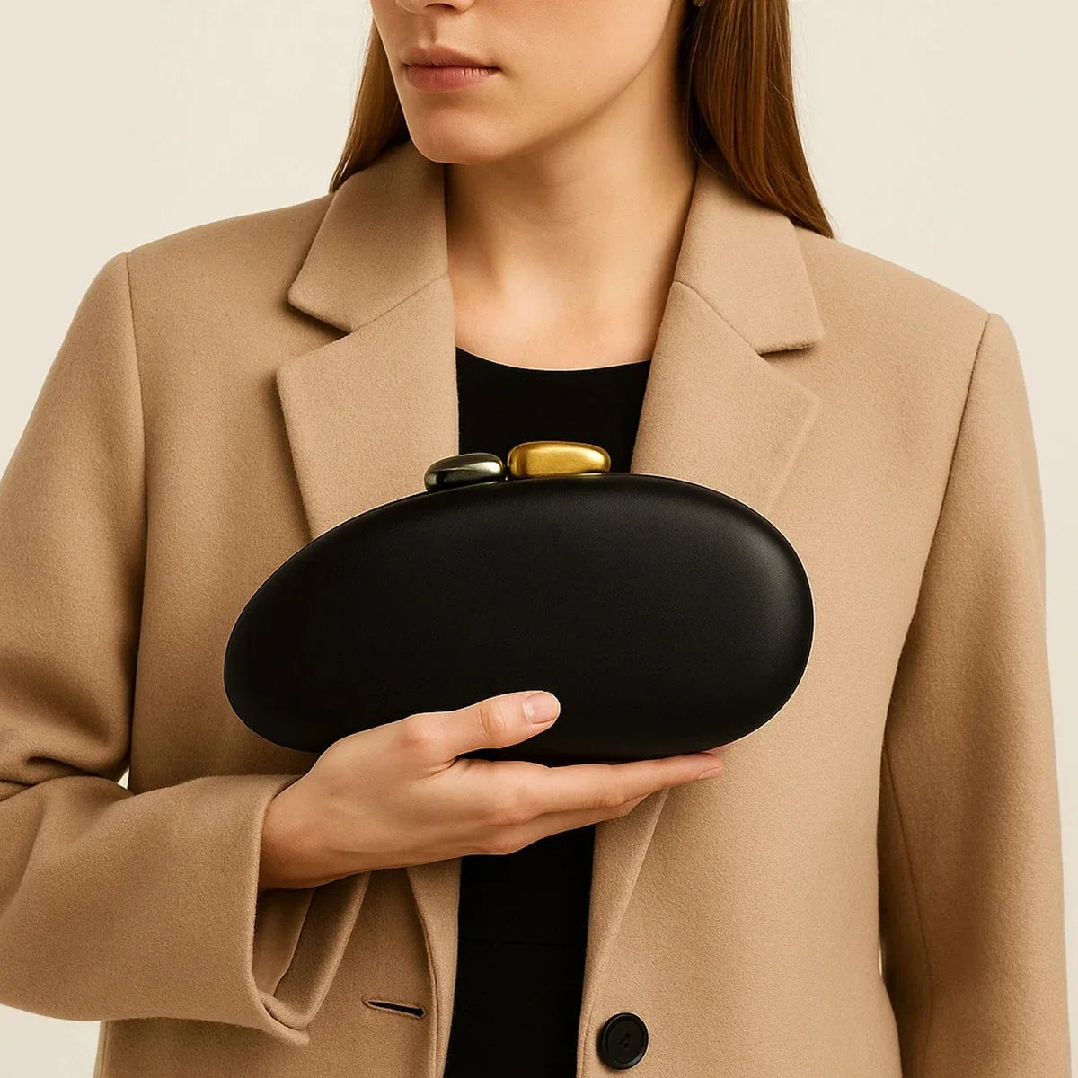 Elegant Red Oval Evening Clutch Bag with Gold Chain Strap