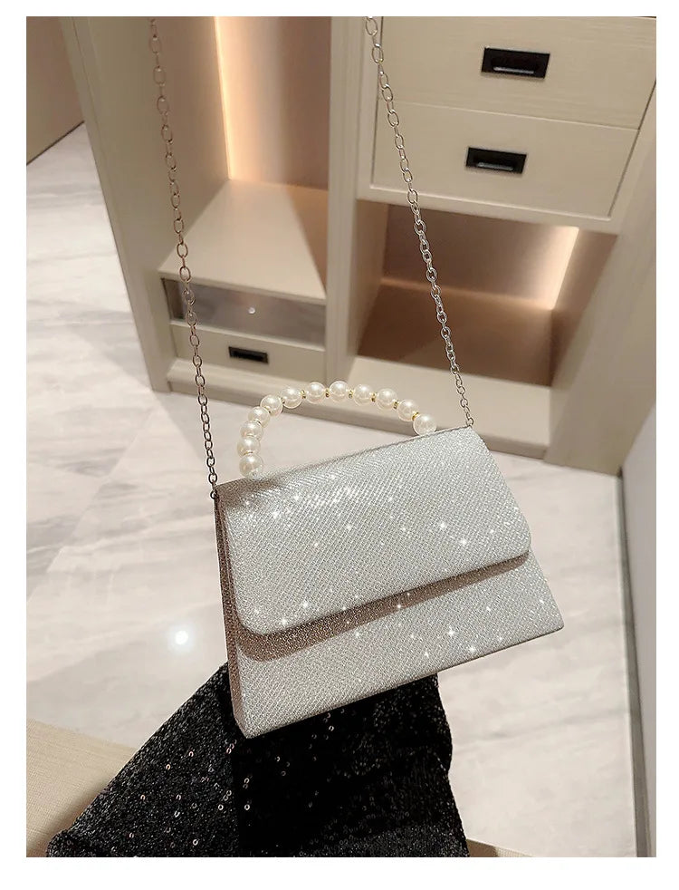 Aura Bags Sparkling Silver Glitter Evening Clutch with Elegant Faux Pearl Handle