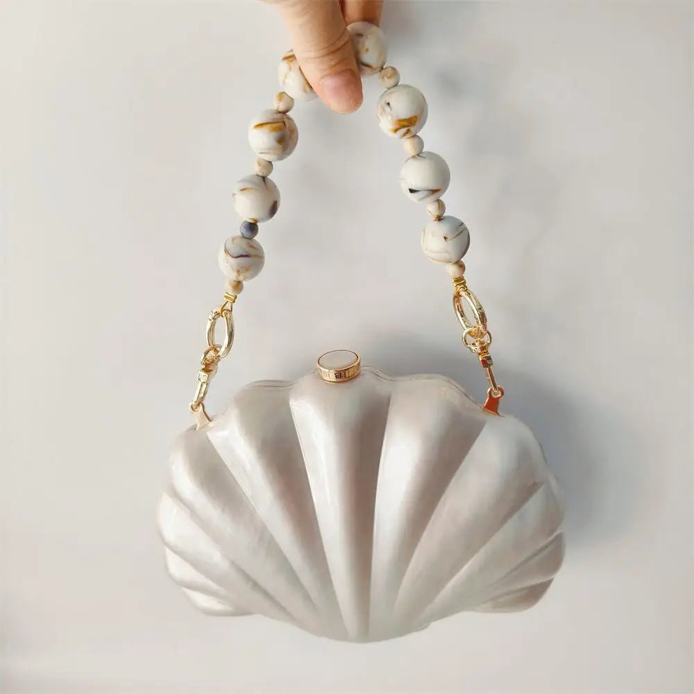Elegant Pearlescent Seashell Evening Clutch Bag with Marble-Patterned Beaded Chain - Luxury Party Handbag