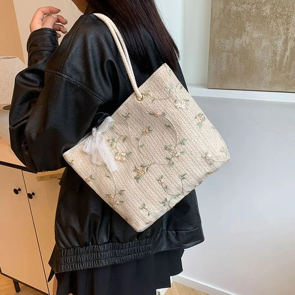 Aesthetic Floral Embroidered Tote Bag with Lace Bow & Rope Handles