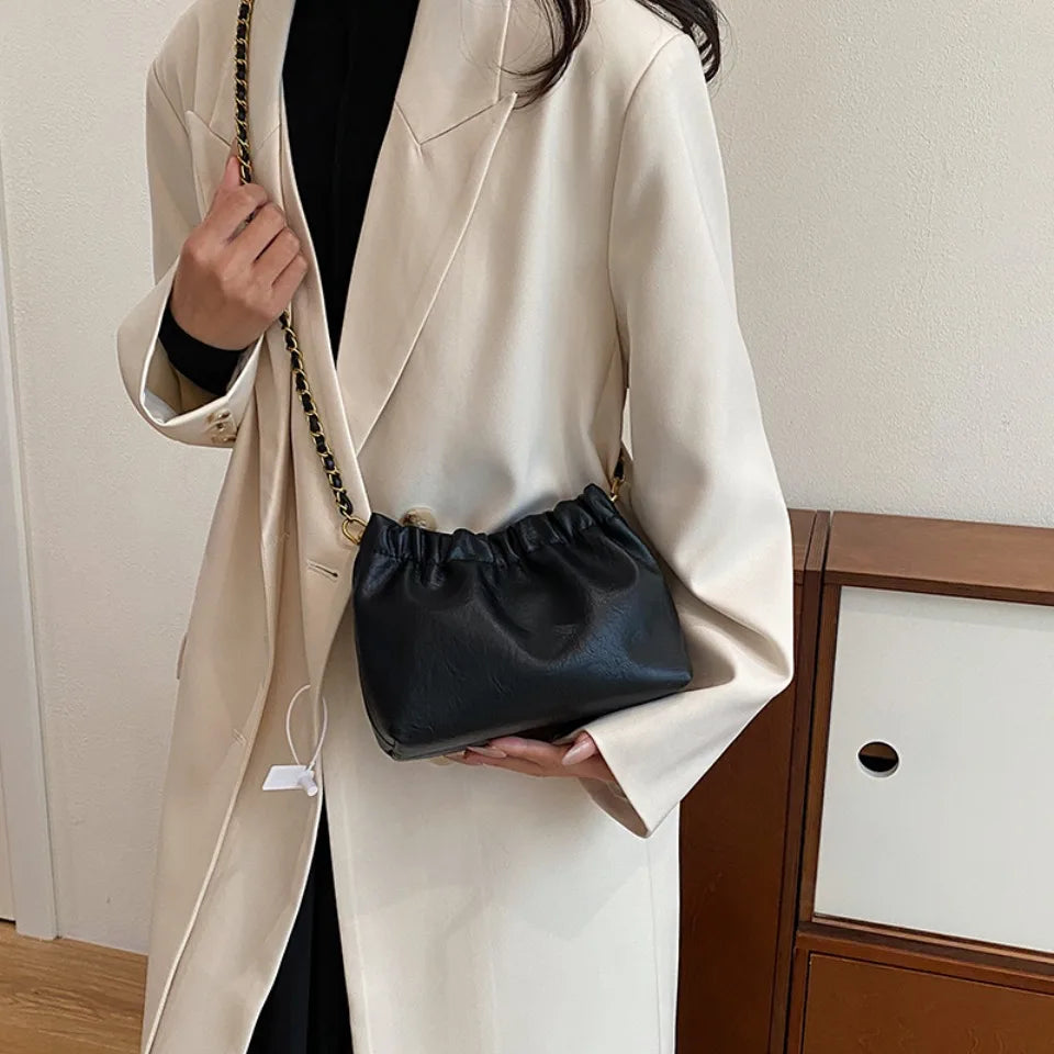 Trendy Soft Faux Leather Drawstring Clutch – Women's Crossbody Chain Bag