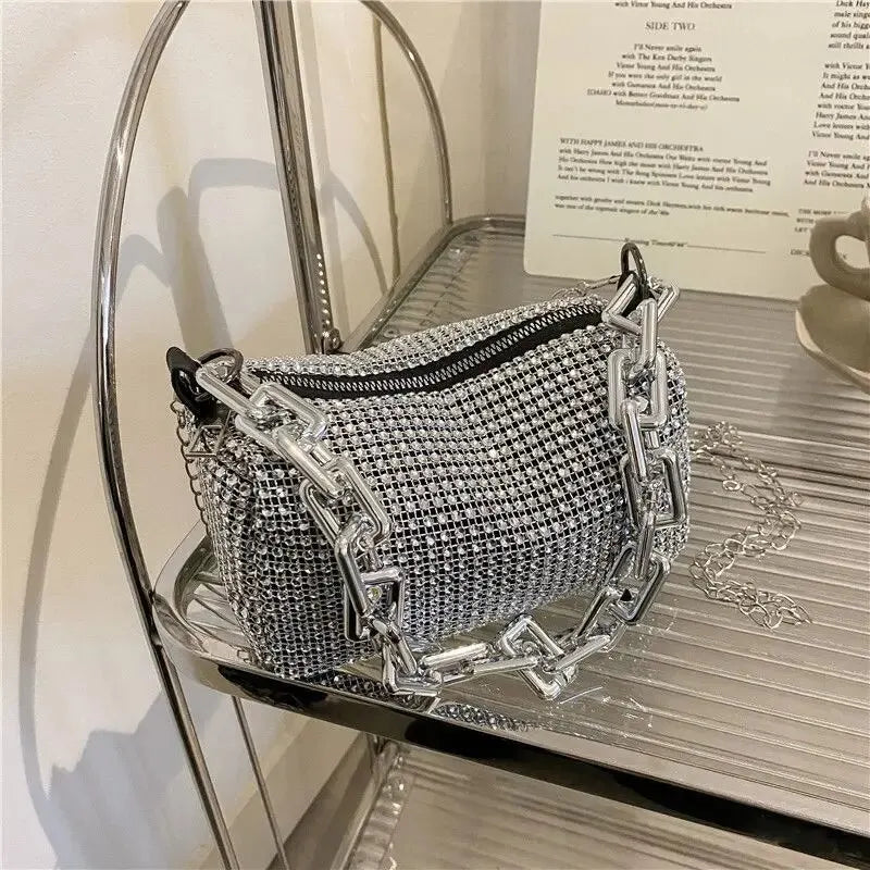 Glamorous Silver Rhinestone Evening Bag | Thick Chain Link Sparkly Crossbody Clutch