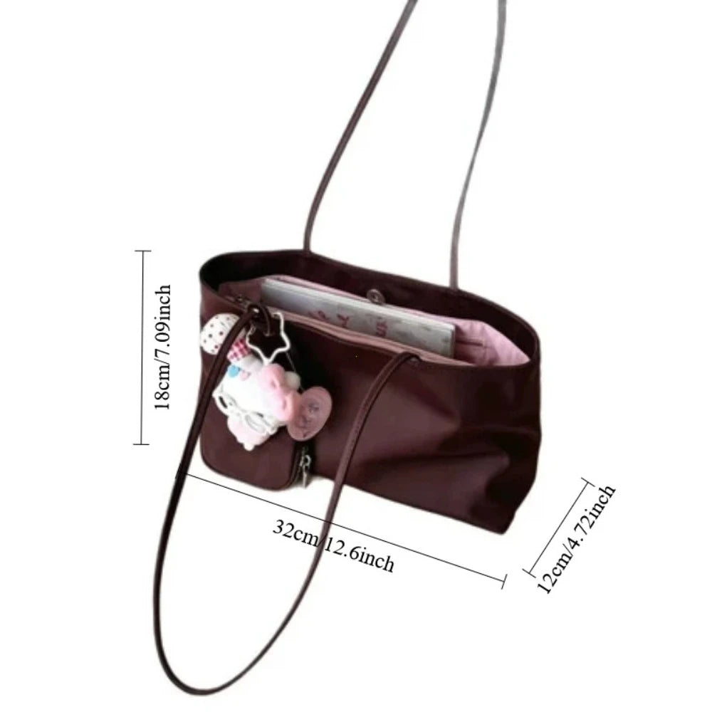 Aura Bags Aesthetic Brown Nylon Tote Bag with Compartments & Keychain Accessories