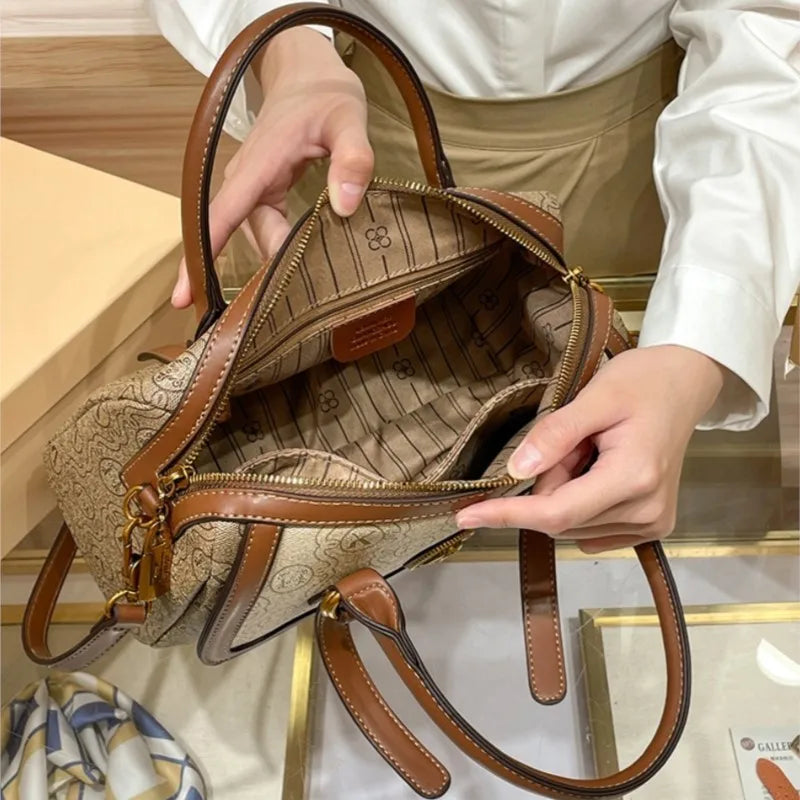 Premium Monogram Boston Handbag - Vintage Canvas Crossbody & Top-Handle Bag for Women