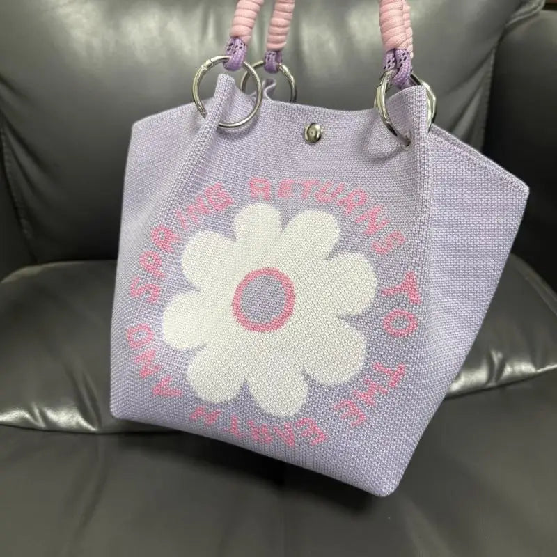 Cute Floral Knit Mini Handbag | Aesthetic Woven Top-Handle Tote Bag