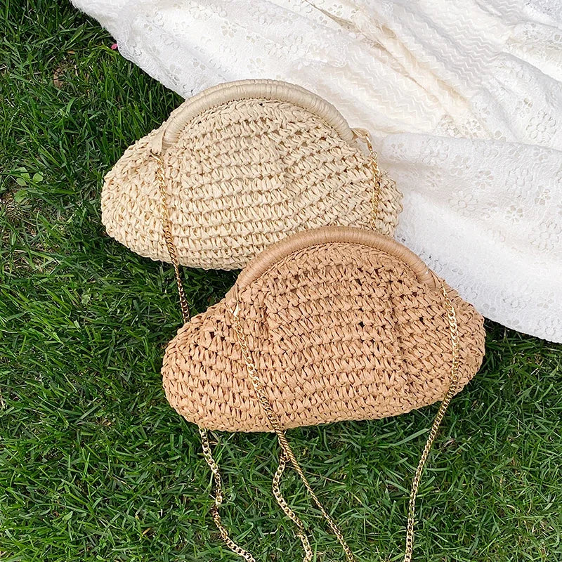 Boho Chic Woven Straw Dumpling Crossbody Bag – Lightweight Summer Beach Shoulder Bag with Gold Chain