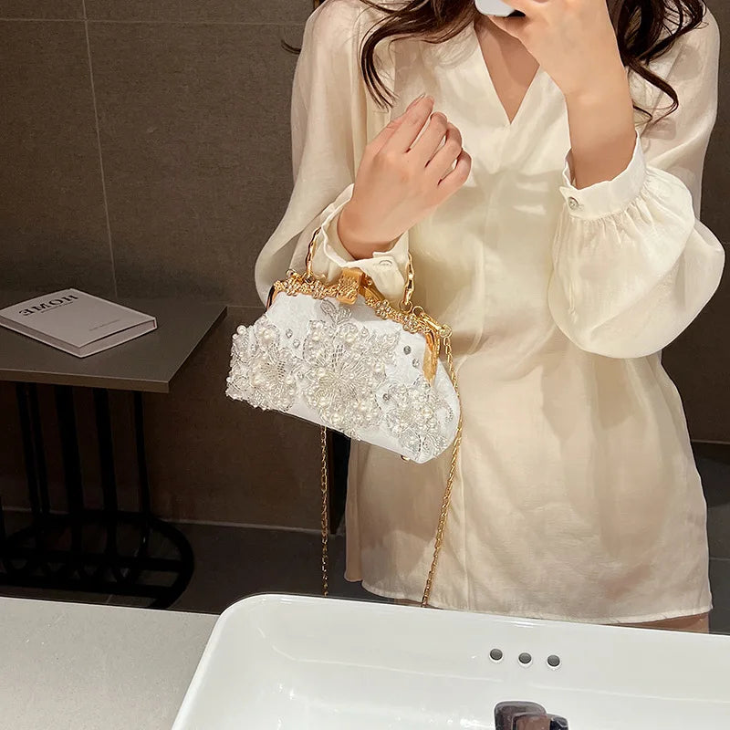 Elegant White Pearl Lace Evening Clutch Bag | Luxury Bridal Purse with Gold Handle