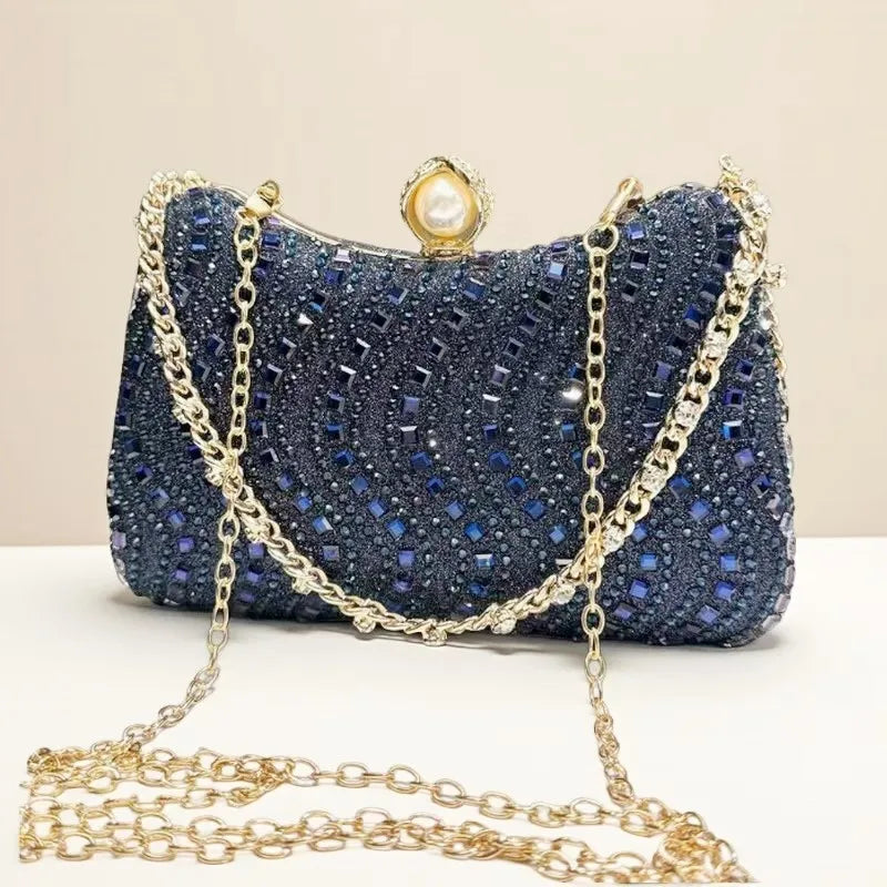 Glamorous Rhinestone Crystal Evening Clutch Bag - Luxury Pearl Clasp Party Handbag with Detachable Chain