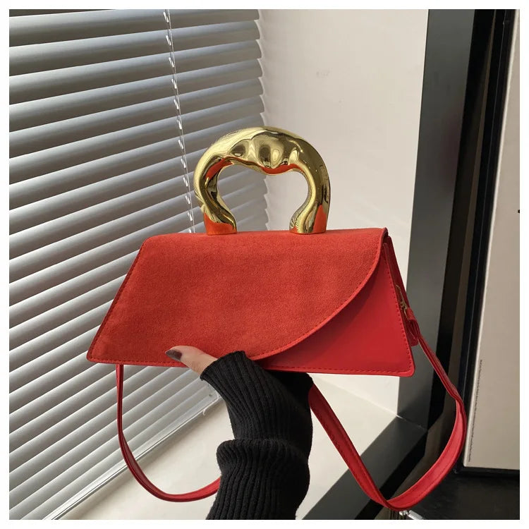 Chic Suede Mini Top Handle & Crossbody Bag with Gold Accent