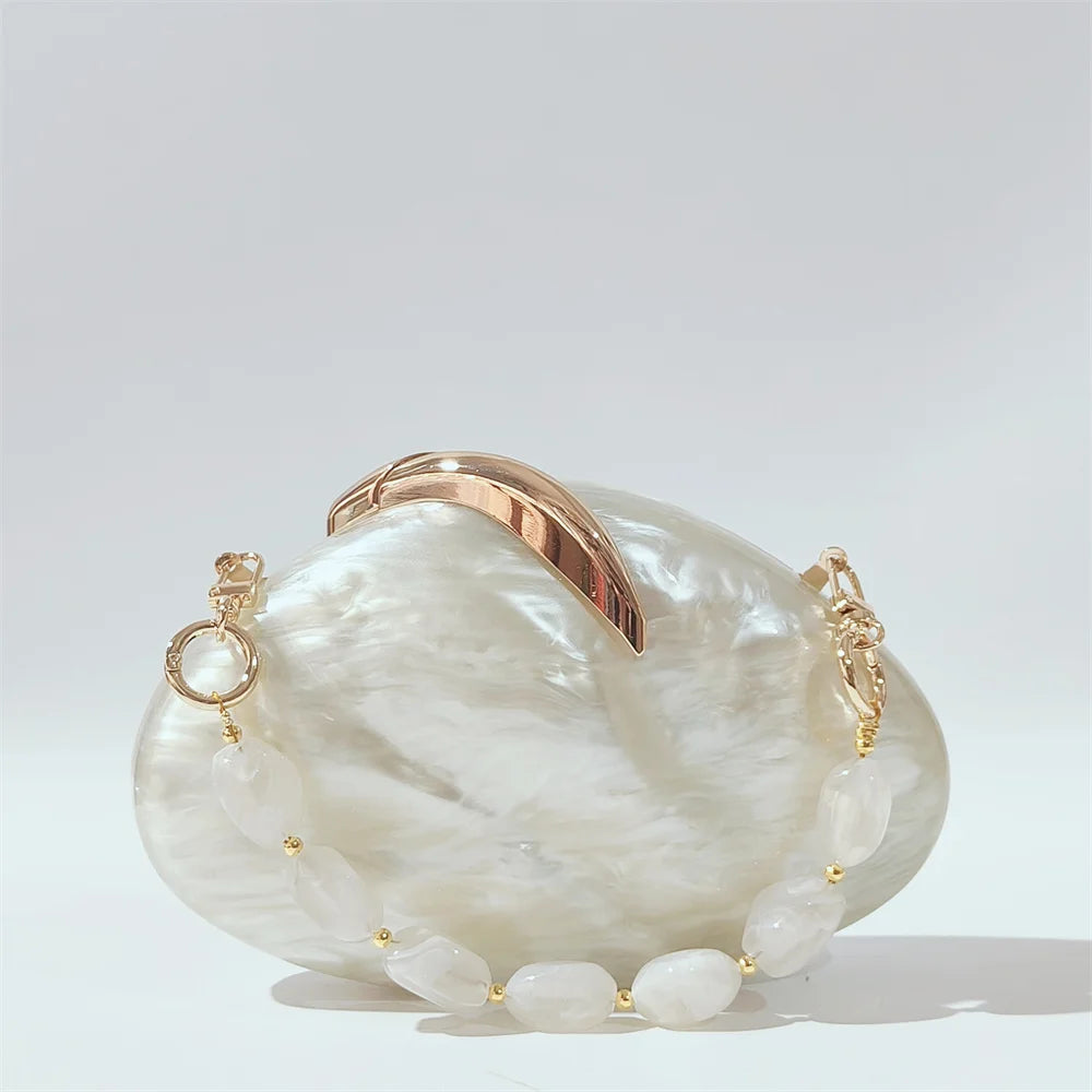 Luxury White Marble Evening Clutch and Handbag with Beaded Strap