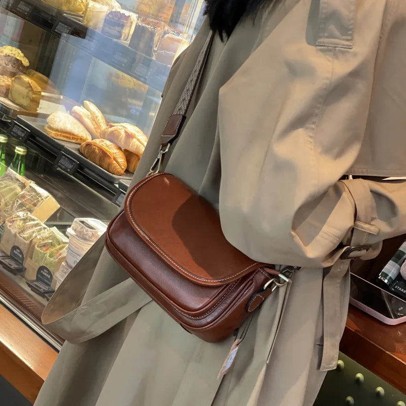 Vintage PU Leather Saddle Crossbody Bag with Wide Woven Guitar Strap