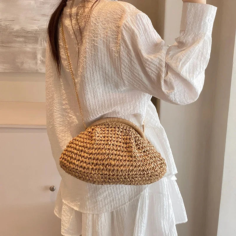 Boho Chic Woven Straw Dumpling Crossbody Bag – Lightweight Summer Beach Shoulder Bag with Gold Chain