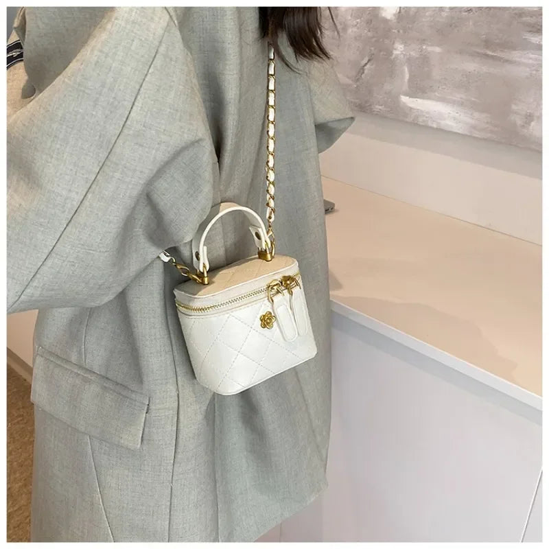 Cute Quilted Mini Vanity Box Bag with Gold Chain & Flower Detail
