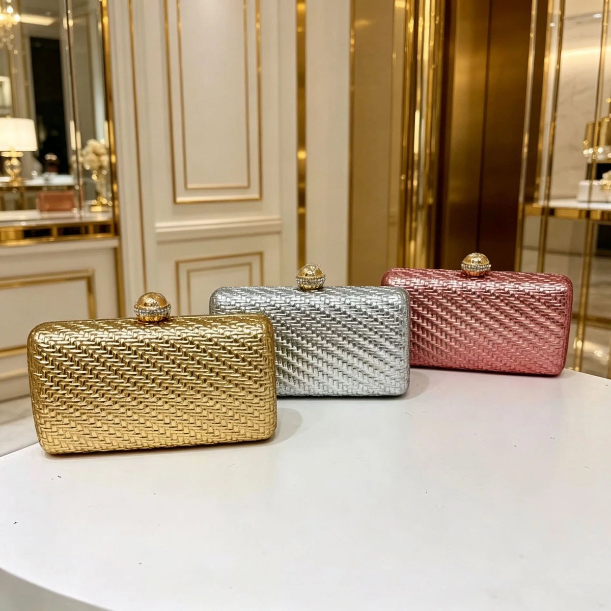 Luxury Metallic Woven Pattern Party Clutch Bag with Crystal Clasp