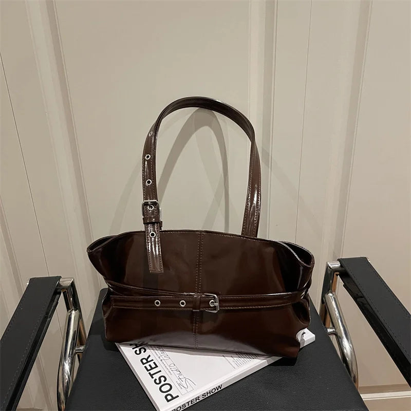 Vintage Wine Red Patent Leather Tote Bag | Stylish Buckle Strap Handbag with Eyelet Details