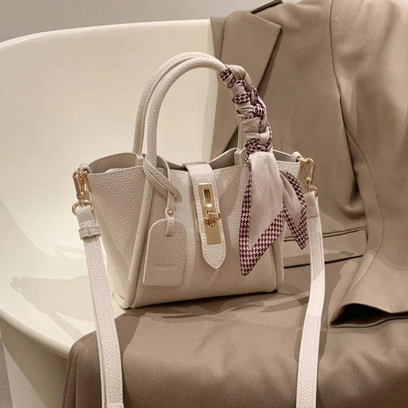Elegant White Pebbled Leather Handbag with Scarf – Chic Top Handle & Crossbody Tote