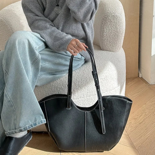 Aesthetic Brown PU Leather Everyday Tote with Contrast Stitching