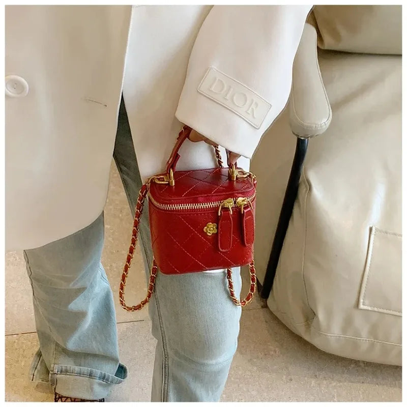 Cute Quilted Mini Vanity Box Bag with Gold Chain & Flower Detail