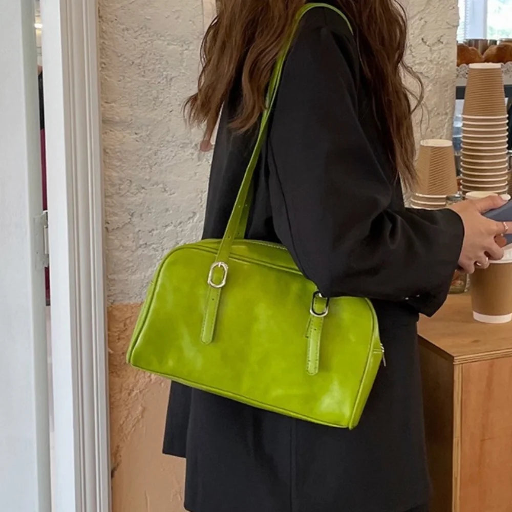 Vibrant Lime Green Casual Shoulder & Tote Bag with Buckle Accents