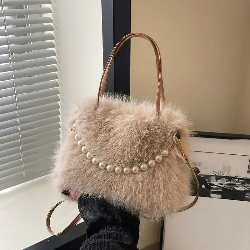 Fluffy Faux Fur Shoulder Bag with Pearl Chain & Crossbody Strap