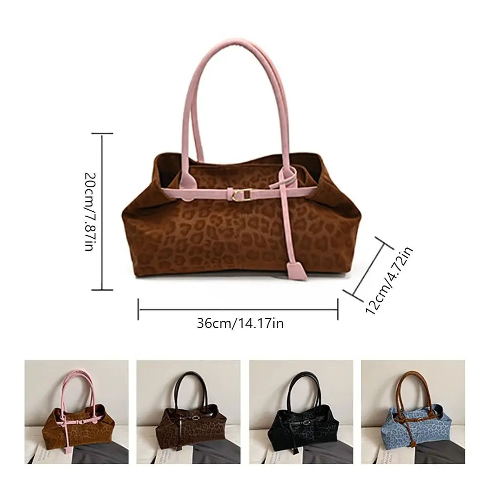 Vintage Suede Leopard Print Belted Tote Bag