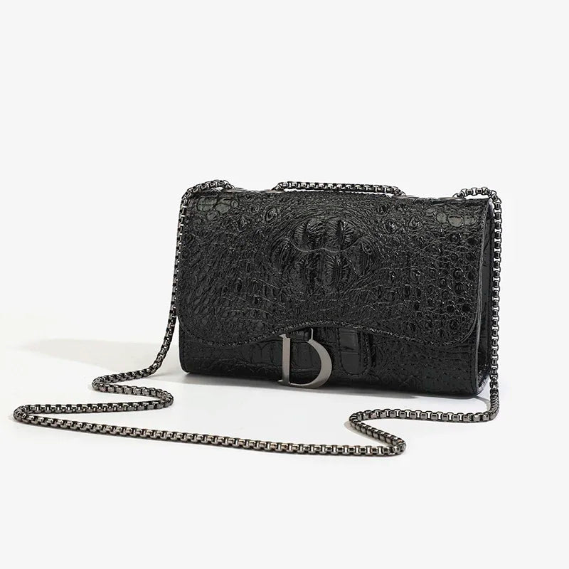 Aura Bags Luxury Crocodile Embossed Flap Shoulder Bag with Metallic Chain