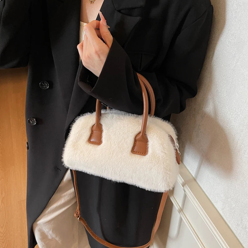 Aura Bags Fluffy Faux Fur Mini Handbag & Crossbody Bag with Top Handles