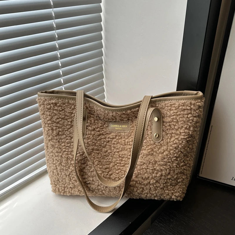 Cozy Brown Fuffly Sherpa Tote Bag with Leather Trim