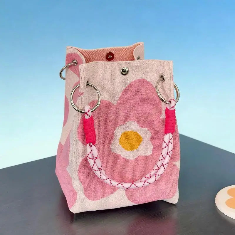 Cute Floral Knit Mini Handbag | Aesthetic Woven Top-Handle Tote Bag