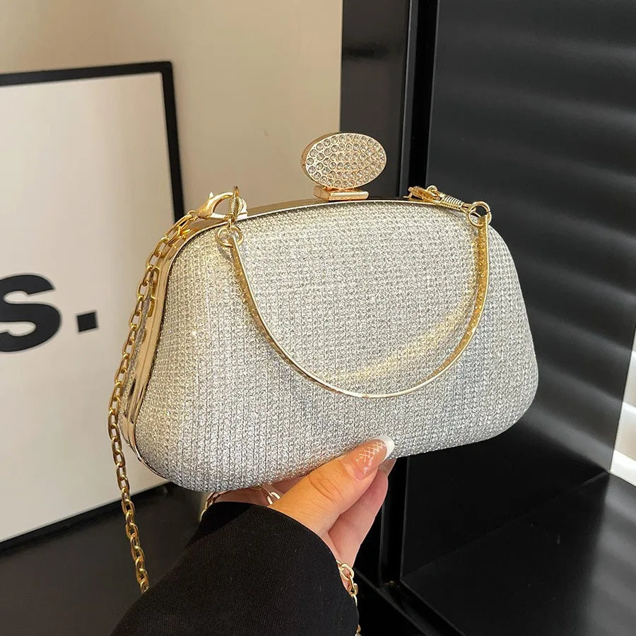 Glamorous Glitter Rhinestone Clasp Evening Clutch & Party Handbag with Metal Handle