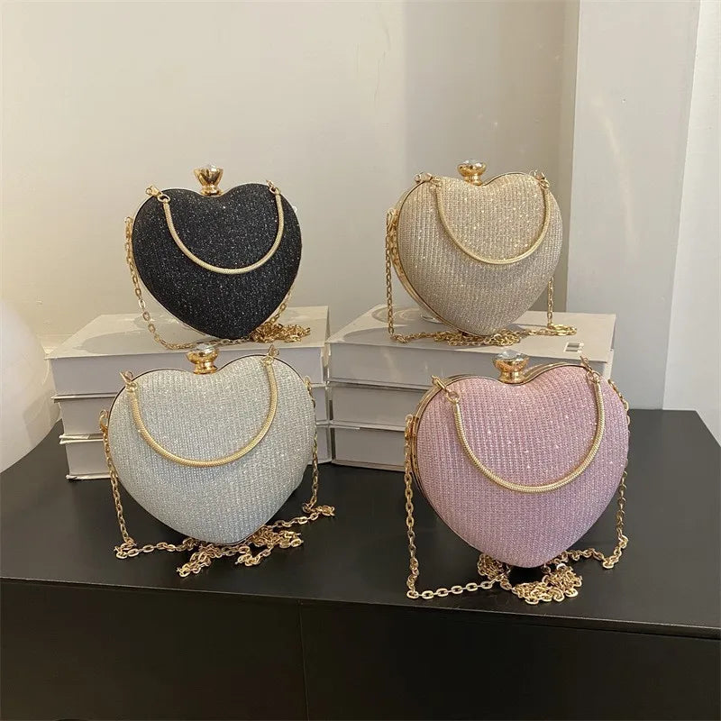 Luxury Bling Rhinestone Heart Party Purse with Chain Strap