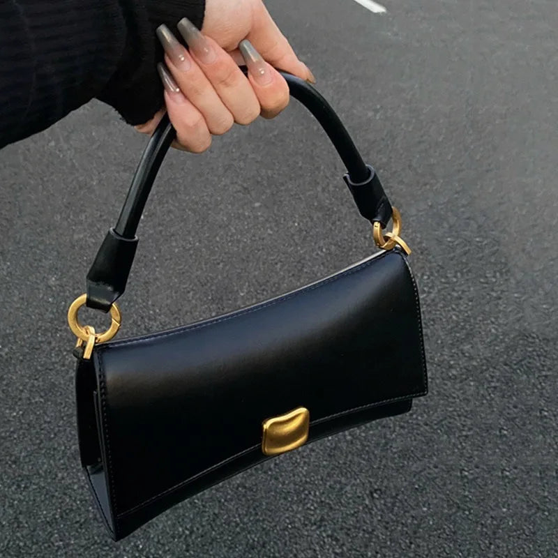 Chic Black PU Leather Shoulder Bag for Women | Elegant Underarm Bag with Gold Hardware & Lock Buckle