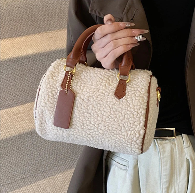 Cozy Sherpa Fleece Barrel Bag with Brown Leather Trim