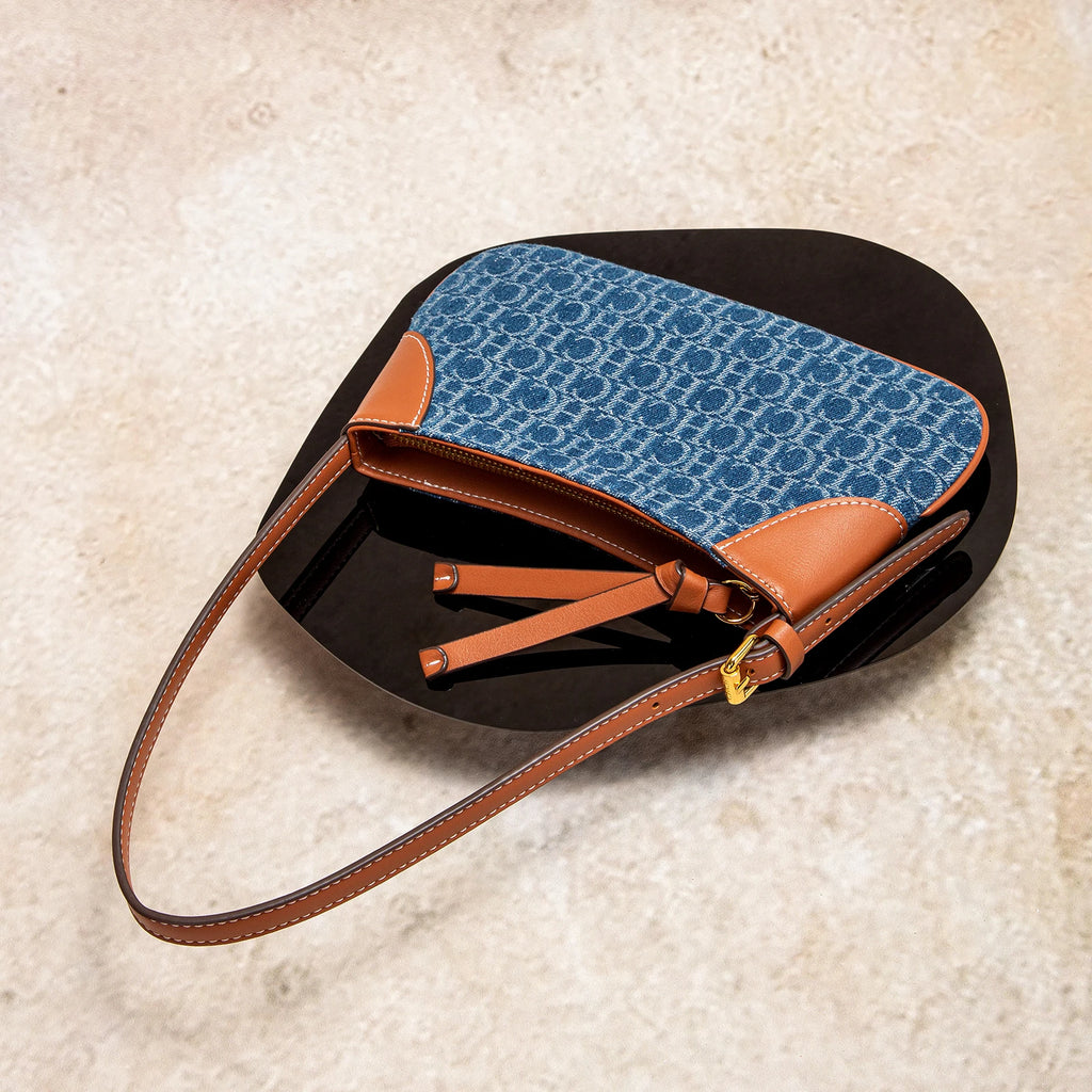 Premium Monogram Denim Shoulder Bag – Vintage Leather Trim Underarm Purse